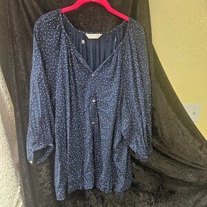 Lauren Conrad 2X Long Sleeve Button Down Navy blouse with polka dots